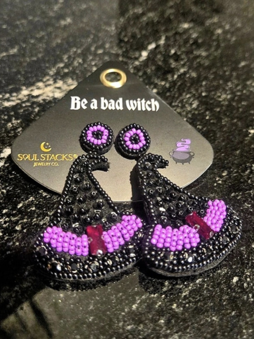 Soul Stacks Spooky Season Beaded Earrings - Witch Hat Black & Purple NWT